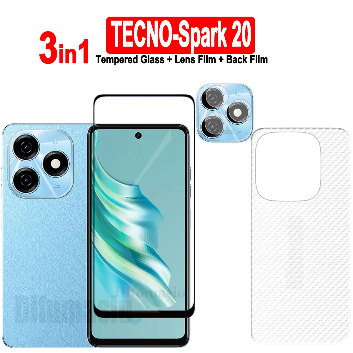 

For Tecno Spark 20 Tempered Glass Screen Protectors Soft Camera Lens Protector Full Cover Screen Glass 3in1 Back Film