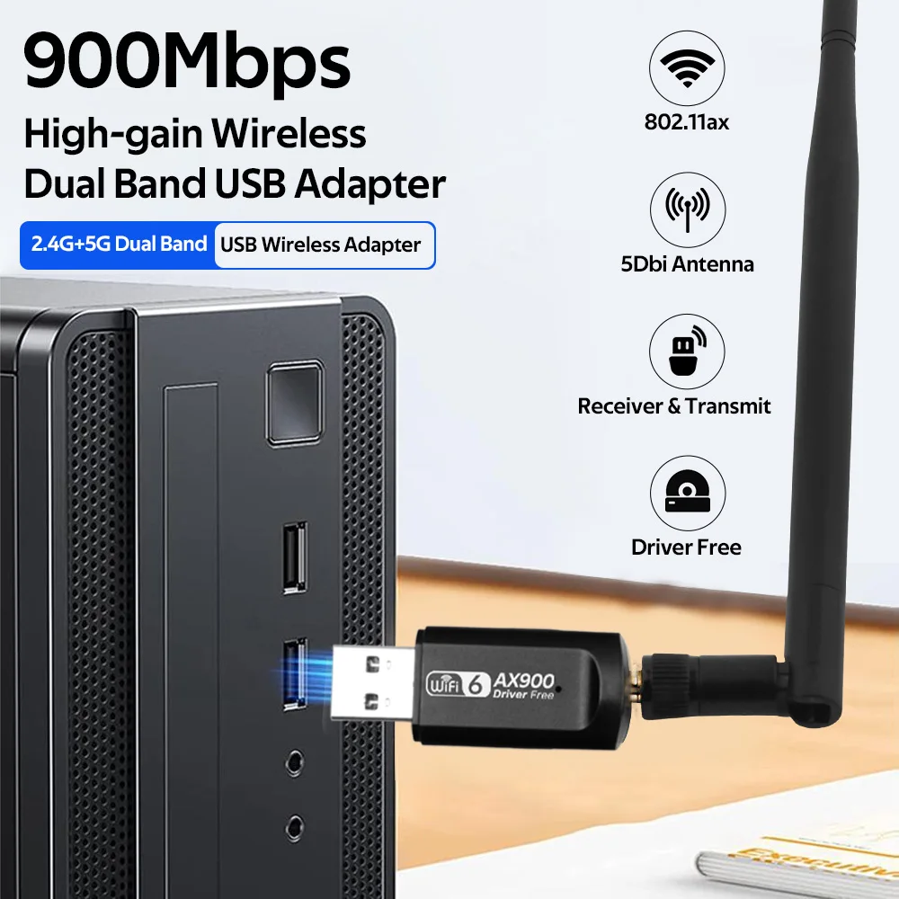 와이파이 6 USB 어댑터, 900Mbps 듀얼 밴드 2.4G 5G 무선 네트워크, 와이파이 USB 리시버, 5dbi 안테나 프리 드라이버, PC 노트북용, AX900