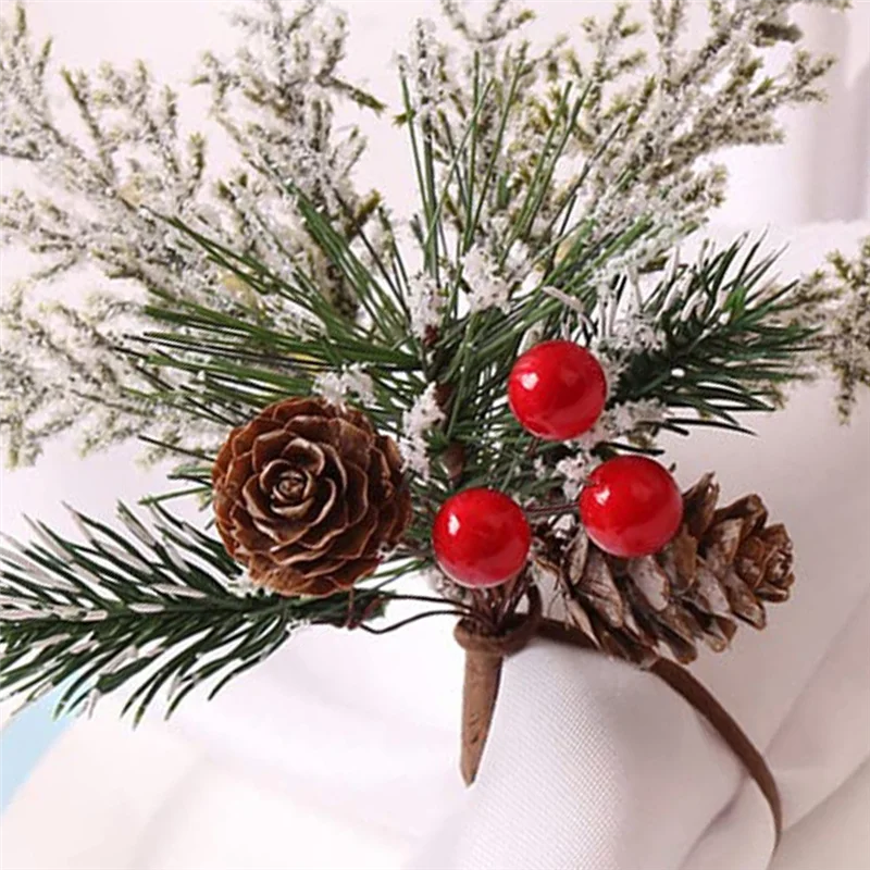 

Christmas Napkin Rings Set Of 6, Napkin Holder Rings with Artificial Pine Cones Branches Red Berry Decor