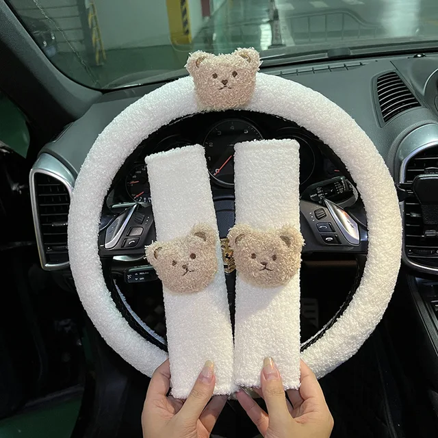 Niedliche Cartoon Panda Puppe Eis Seide Universal Auto Lenkrad abdeckungen  Sets Auto Interieur Zubehör Sitz Kopfstütze Nacken kissen - AliExpress