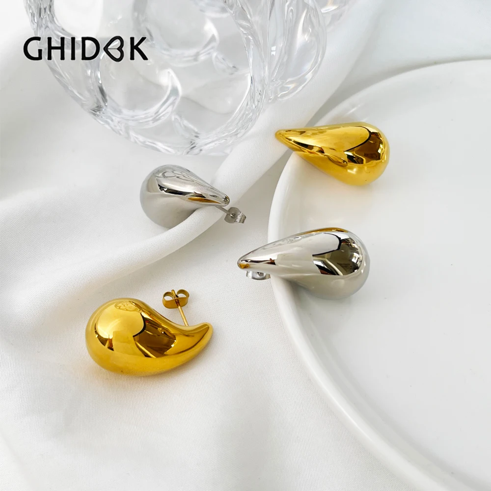 Ghidbk Free Tarnish Women'S Stainless Steel 18K Gold Pvd Plated Chunky Dome Teardrop Studs Kylie Waterdrop Orecchini Vendita Calda
