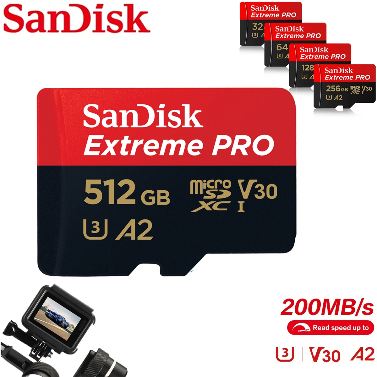 샌디스크 고속 TF 메모리 카드, A2 U3 V30 C10 100MB/s 휴대용 마이크로 SD 카드, 32GB512GB 용량