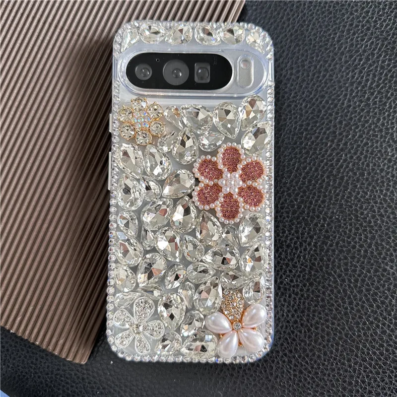 Bling Pink Pearl Flower Case For Google Pixel 9 Pro XL 8 Pro 7A 7Pro 6A 6Pro 5A Luxury Glitter Rhinestone Silver Diamond Cover