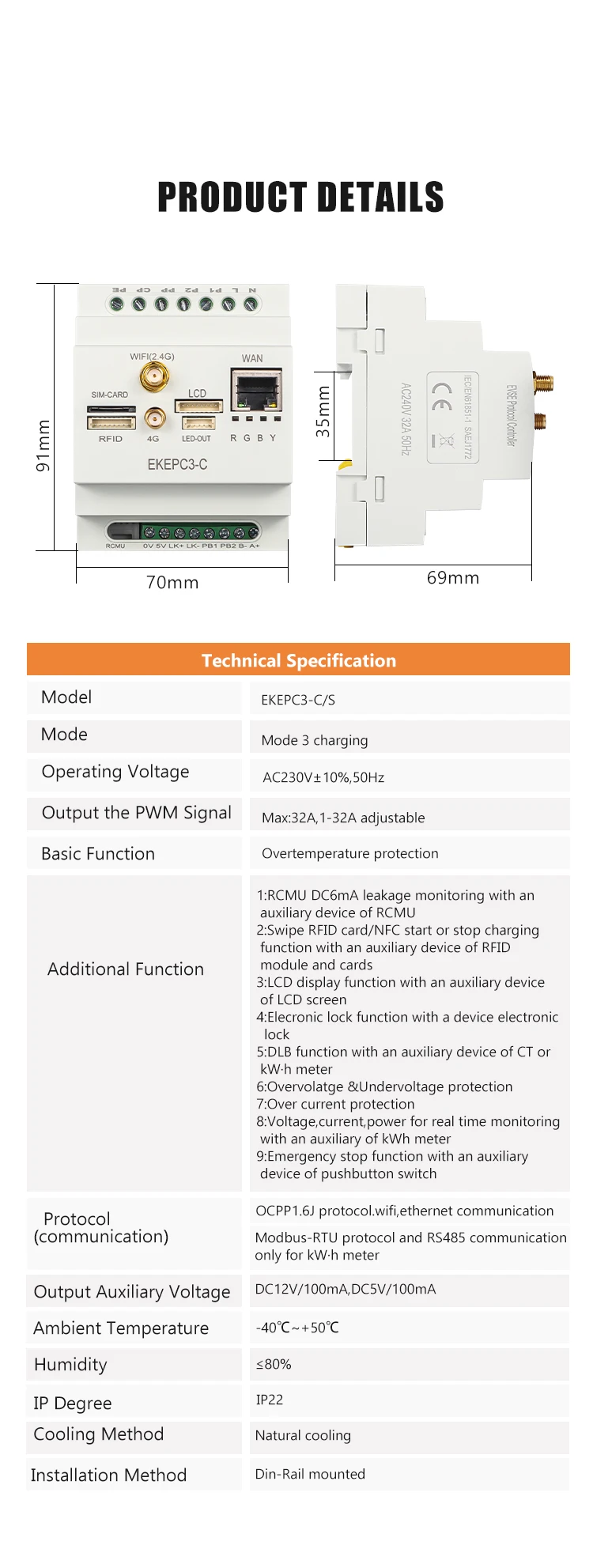 Controller of EV Charger Cable type with OCPP1.6 (Wifi,4G,Ethernet),with RFID mo
