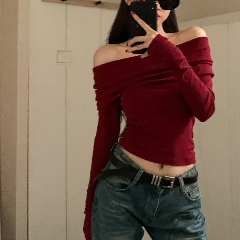 Women Off Shoulder Long Sleeve Knitted T-shirt Sexy Tops Solid Elegant Autumn Winter New Spicy Girl Slim Fit Short Red Crop Top 6