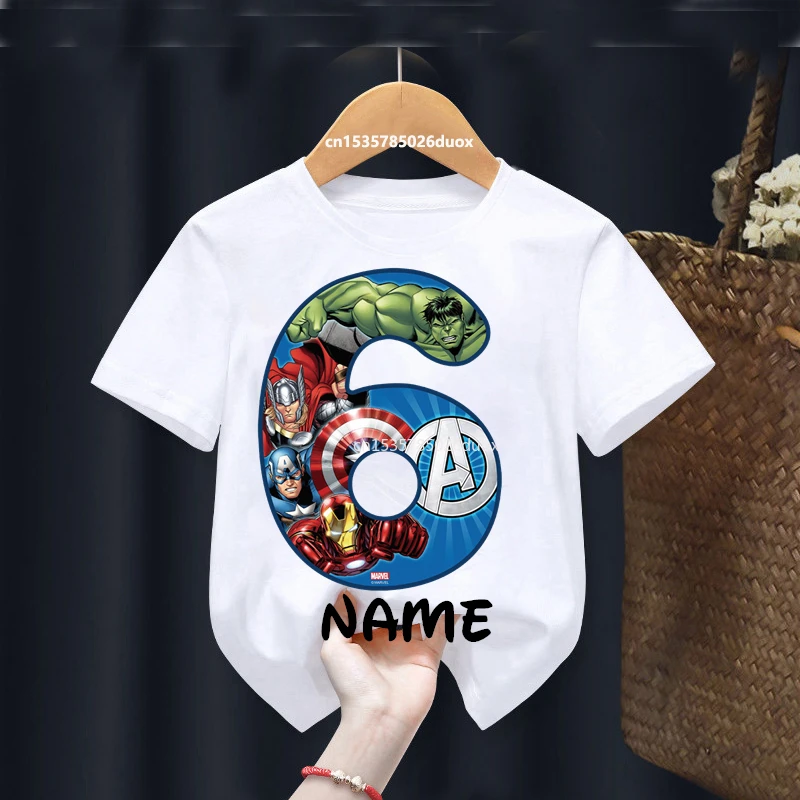 Boy 2 3 4 5 6 7 8 9 Birthday Marvel SuperHero Summer Short Sleeved T-shirt The Avengers Personalize Name Birthday Girls Shirts 3