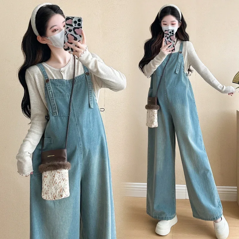 Spring Fashionable Maternity Dress Set with Denim Overalls Two-Piece Suit for Pregnant Women Comfortable Casual Wear