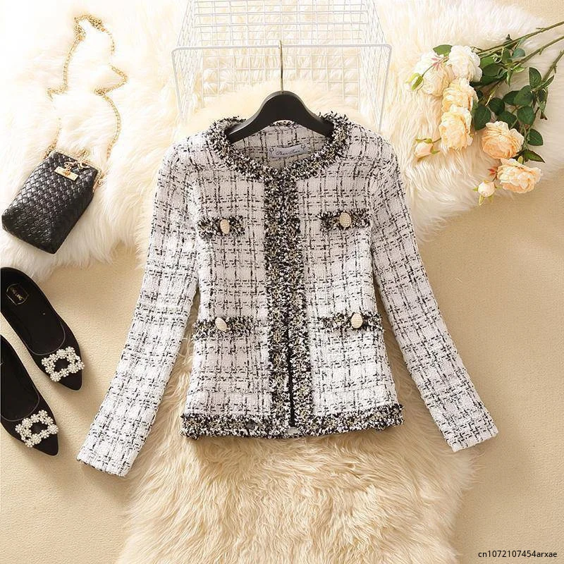 

New Autumn Women Tweed Jacket High quality Long Sleeve Small Chic Cardigan Female Korean Short Elegant Woolen Coat woman