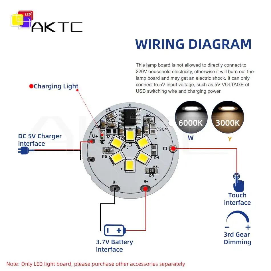 5 Pcs 5V Round LED Light Board Single Color Warm/White 3-Level Dimming Compatible Touch On/Off Control/3.7V Battery/Charging led modules led module
