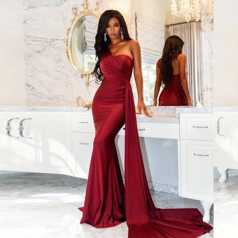 

New One Shoulder red Navy Stretchy Party Dress Sequin Hollow Out Split Leg Floor Length Long Dresses