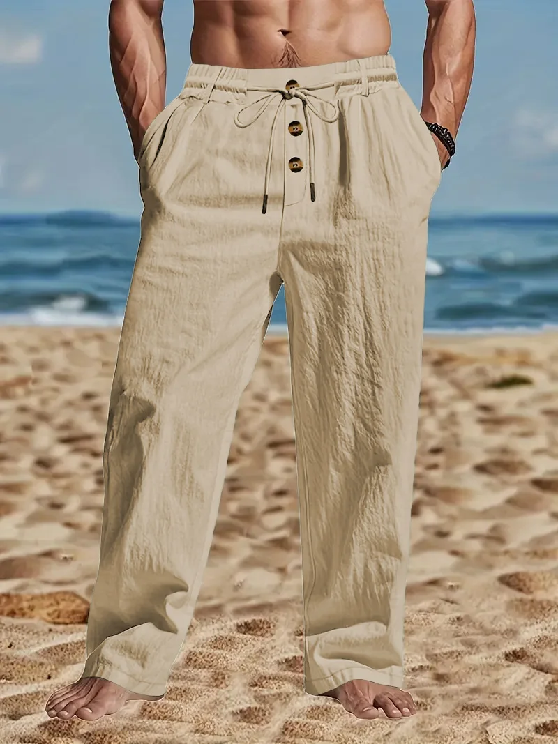 ملابس رياضية كاجوال فضفاضة بأزرار مستقيمة الساق للرجال جديدة بلون سادة