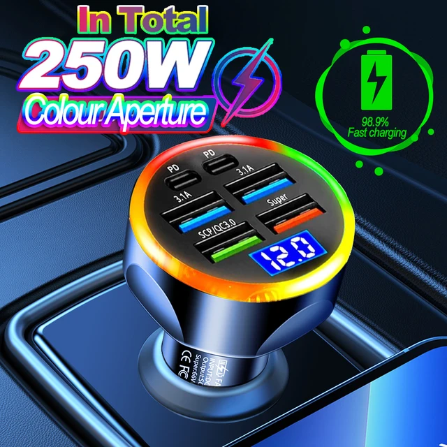 250W Car Charger Quick Charge Cigarette Lighter Adapter 2-6 Port USB-C Fast Charging Phone Charger for iPhone Xiaomi Samsung 1