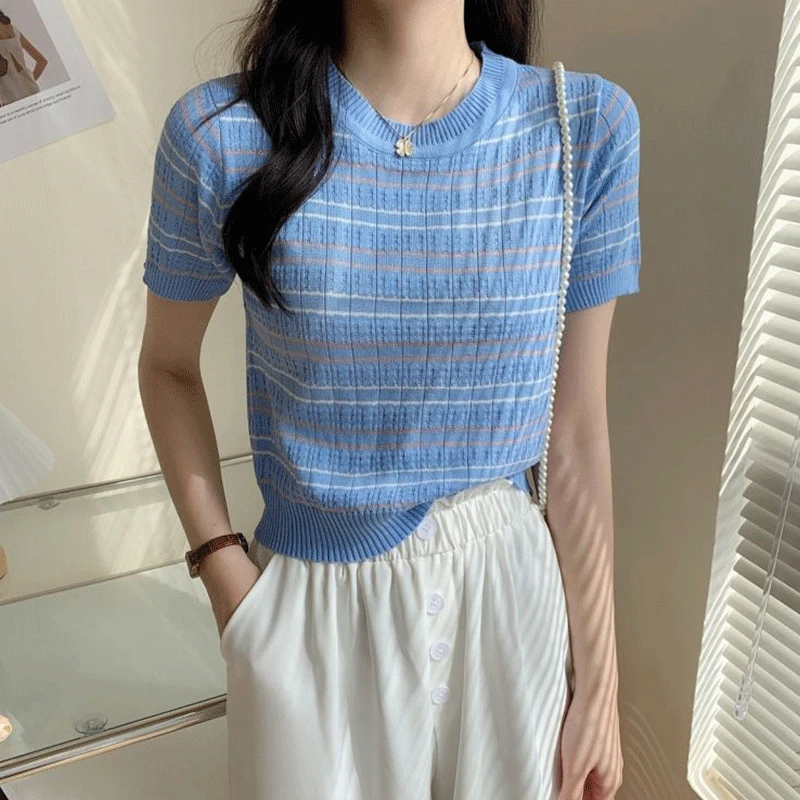

2024 New Summer Korean Style Elegant Fashion T-shirts for Women Striped Knitting Irregular Plaid O Neck Short Sleeve Y2K Tops