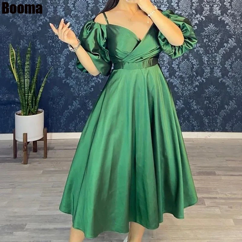

Booma Green Women Prom Dresses Off the Shoulder A Line Tea Length Evenning Dress Elegant Formal Occasion Dresses robes de soirée