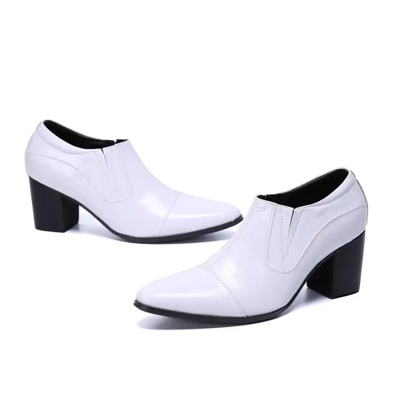 Men's pointed high heels 8cm tall, black and white soft cowhide handmade casual British shoes