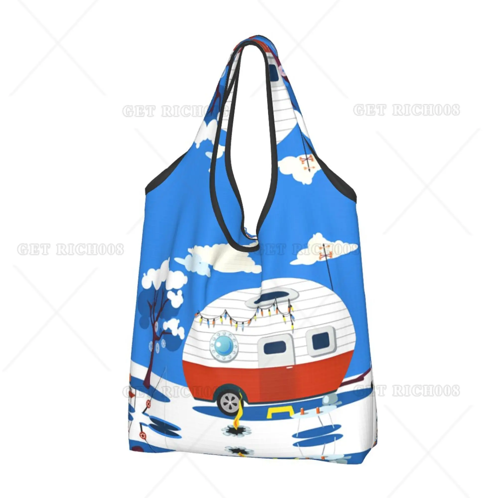

Happy Camper Women Shooper Shopping Bag Folding Tote Bag Eco Grocery Bags Reusable Tote Bag for Outdoor Eco Bag Picnic
