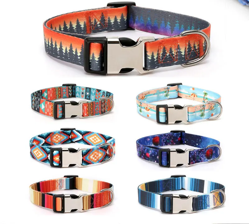 Personalised Forest Pattern Dog Collar Adjustable Nylon Pet Lead_voghion.com