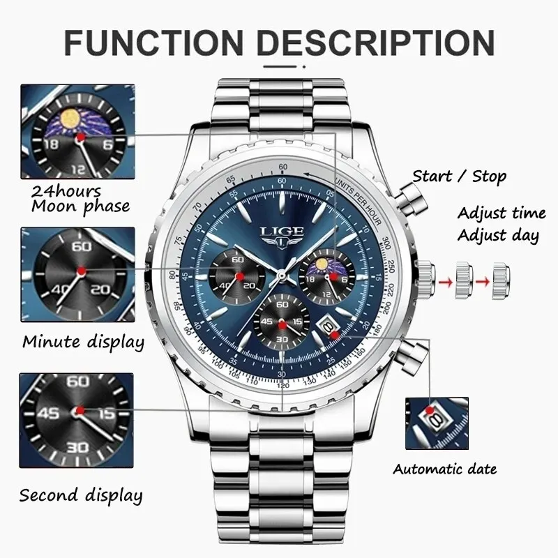 LIGE 2024 Top Brand Luxury New Men Watch Quartz Man Watches Waterproof Luminous Watch for Men Date Chronograph Sport Wristwatch
