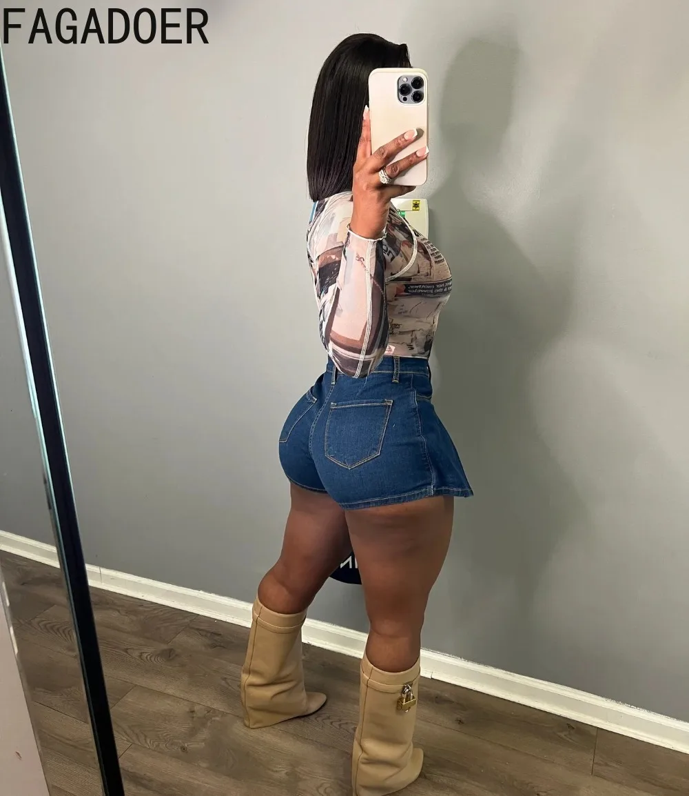 FAGADOER Y2k Women Denim Shorts Pleated Skirt Shorts  Retro 90s Blue Summer Stretchy Casual Shorts Ruffles Fashion Streetwear