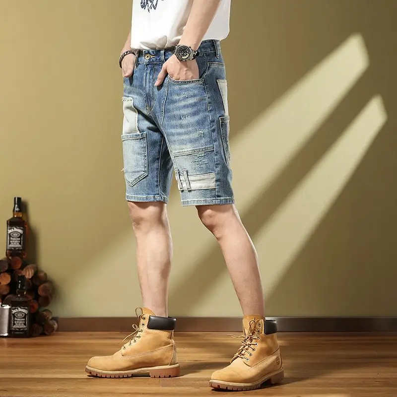 Handsome Splice Patch Spring/Summer New 2023 Korean Fashion Men's Denim Split Mid pants knee length jeans shorts cargo pants men