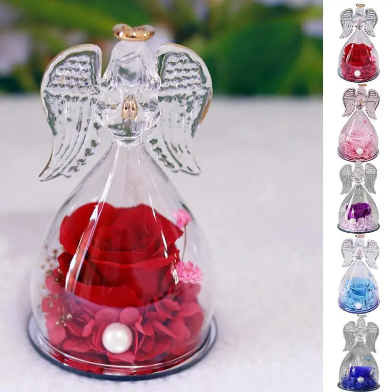 

Glass Angel Valentine Gifts for Women Roses Angel Figurine Handmade Preserved Rose In Angel Glass Cover perfect gift for girls
