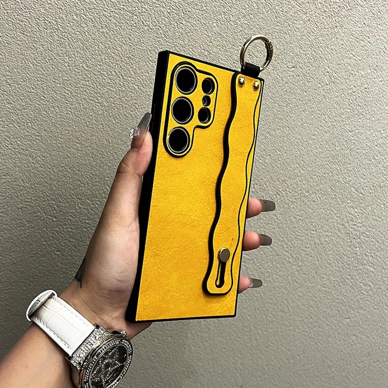 Luxury Leather Wristband Phone Case with Hand Strap and Stand – Pure Color Wave Design