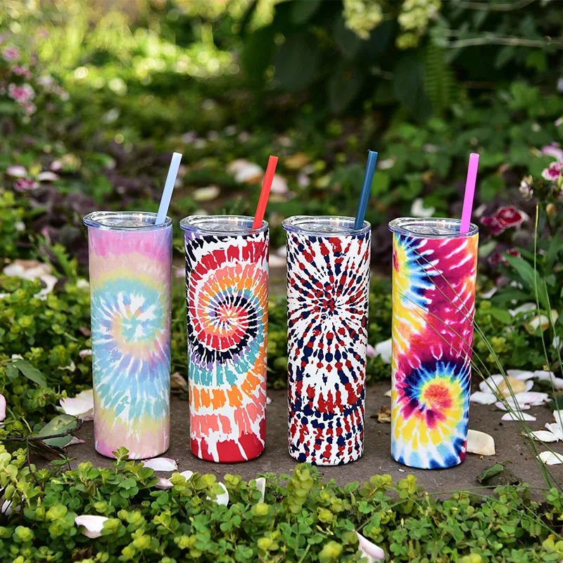 

304 Stainless Steel Straight Cup Creative Cup Color Double Layer Tie Dye Sublimation Cup, 650ML Straight Cup with Straw