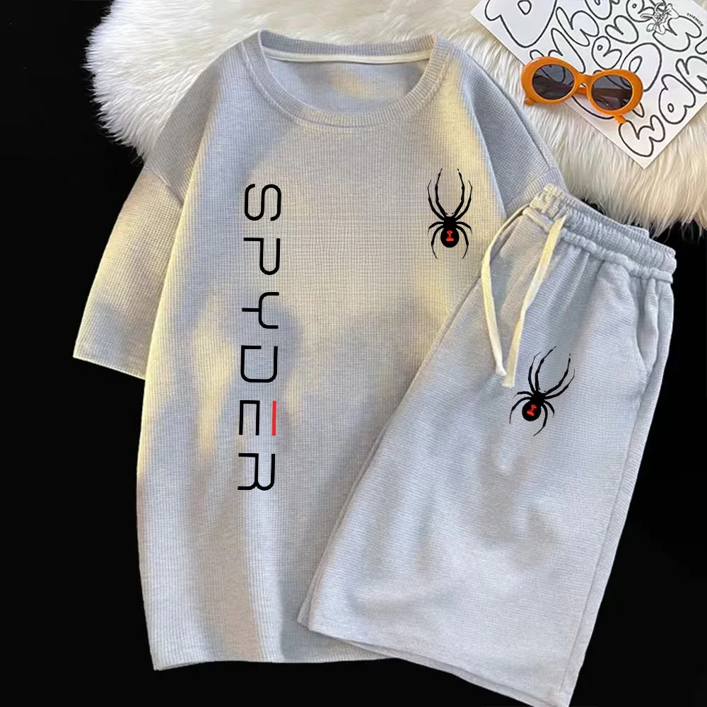 thumbnail image 1 of Traje de marca de verano para hombre, conjunto deportivo informal de lujo a la moda, cuello redondo, pantalones cortos sueltos de manga corta, conjunto de chándal de dos piezas con diseño de gofre, 1 of 4