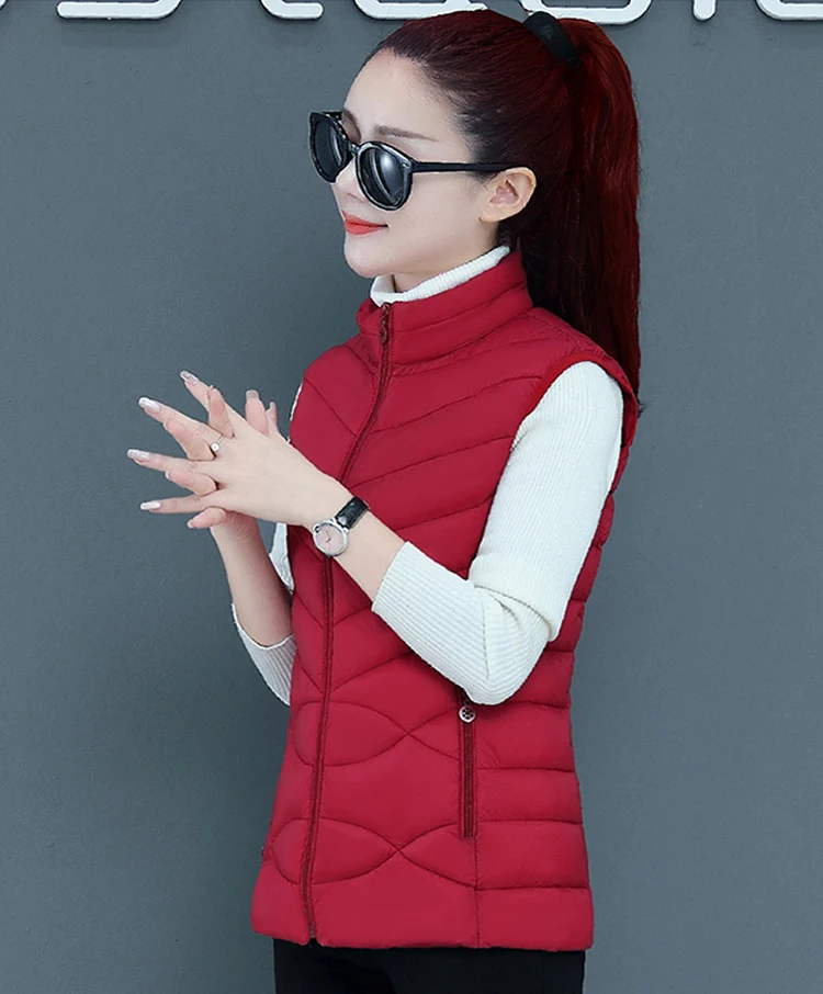 Solid Short Style Vest for Women Cotton Padded Women's Winter Sleeveless Jacket with Zipper Stand Collar Casual Coats
