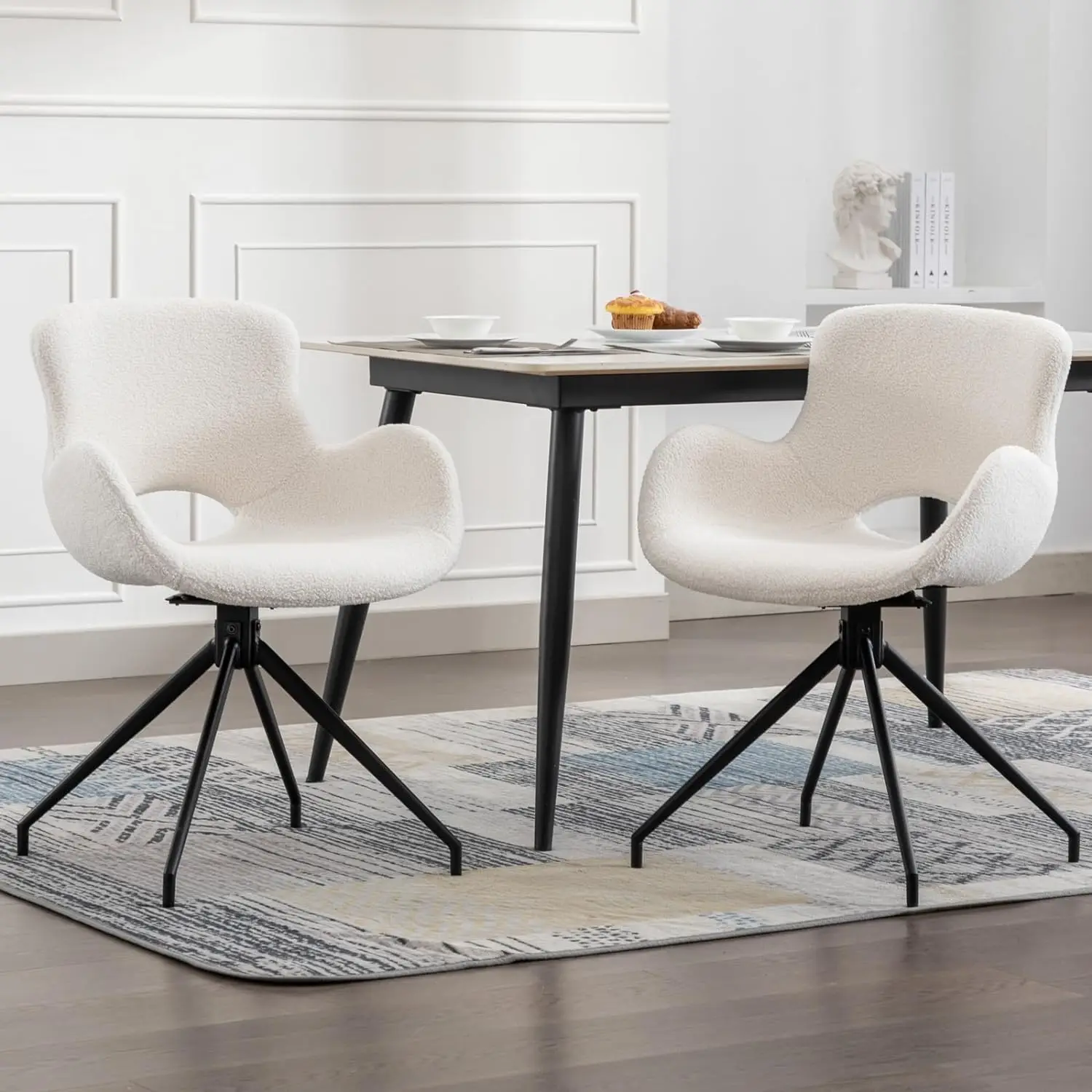

Swivel Dining Accent Chairs Set of 2, Modern Boucle Dining Chair Upholstered Fuzzy Chair with Arms Black Metal Legs