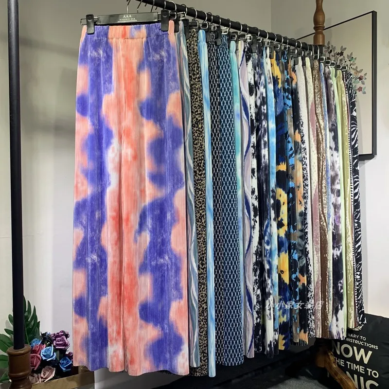 Women's Chiffon Tie Dye Wide Leg Pants 2021 Summer Elastic Wasit Loose Long Trousers Ladies Casual Streetwear Straight Pants