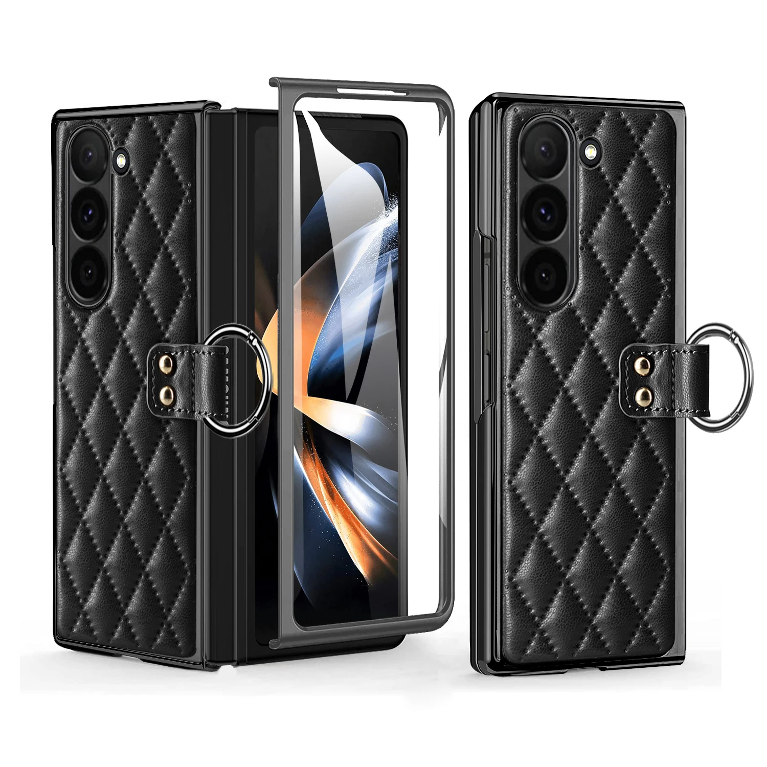 Elegant PU Leather Phone Case with Tempered Glass and Finger Ring - Premium Design