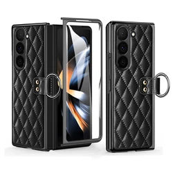 Elegant PU Leather Phone Case with Tempered Glass and Finger Ring - Premium Design - Galaxy Z Fold4 (Black)