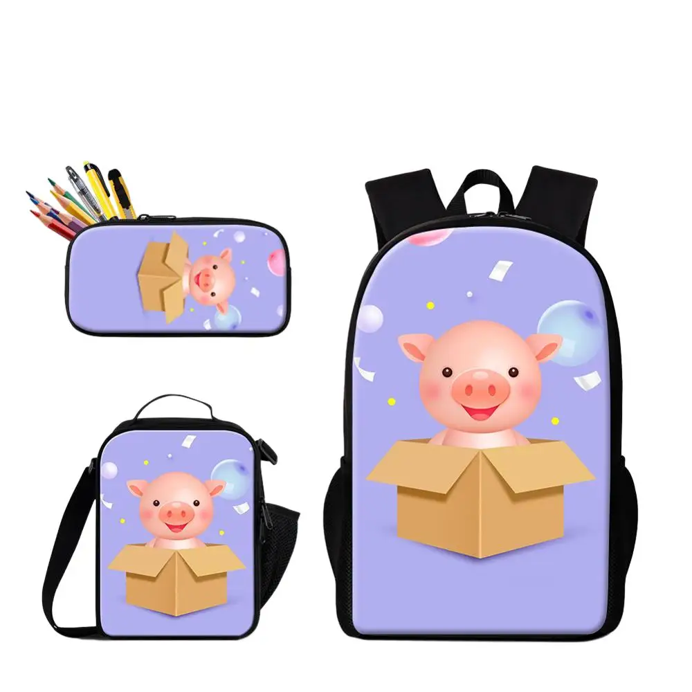3PCS Student Daily Use Backpack With Food Lunchbox Pencil Case Cartoon Pig Printing Primary Student School Bag Girl 600D Bookbag
