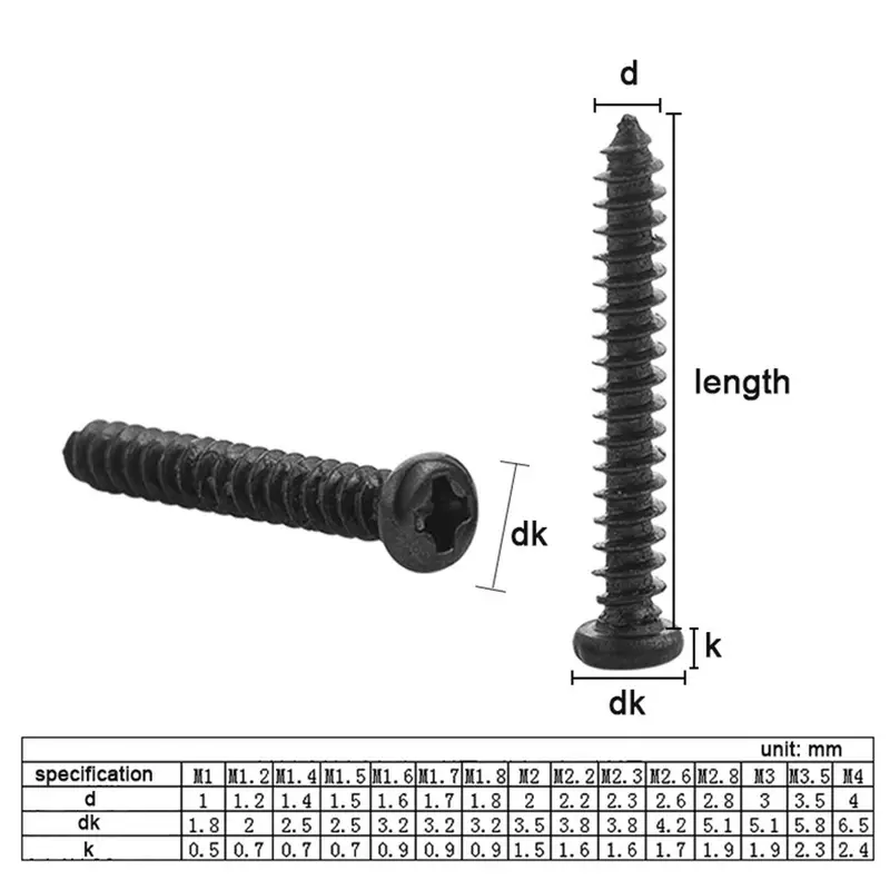 100 pcs/lot Cross Round Head Phillips Self-tapping Screw M1 M1.2 M1.4 M1.5 M1.7 M2 M2.3 M2.6 M3 M3.5 M4 M5 Black Carbon Steel - Image 6