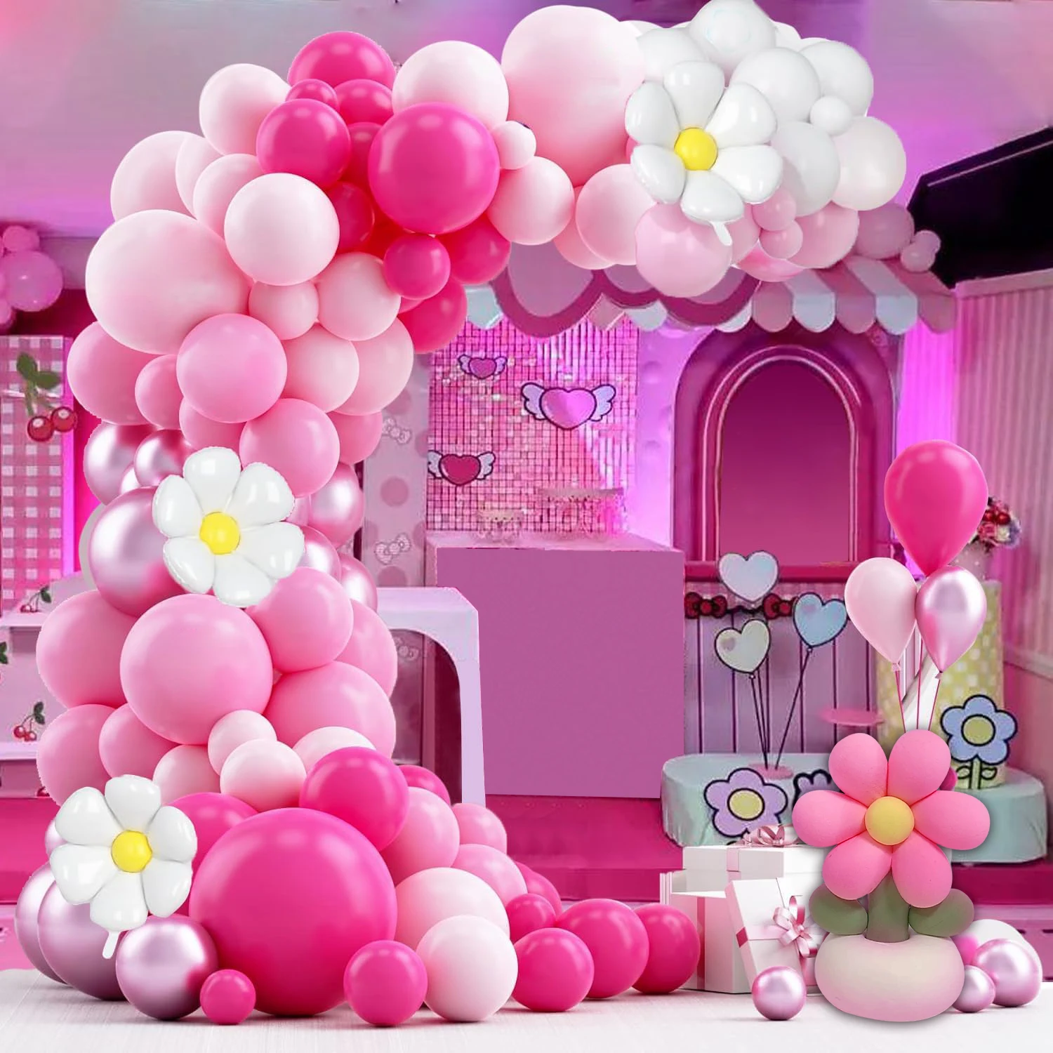 106-teiliges rosa Liebes-Themen-Ballon-Dekoration, rosa und weißes Latex-Ballon-Girlandenbogen-Set, rosa Rosen-roter Ballon, geeignet für Prinzessin, Geburtstag, Braut, Dusche, Party-Dekoration