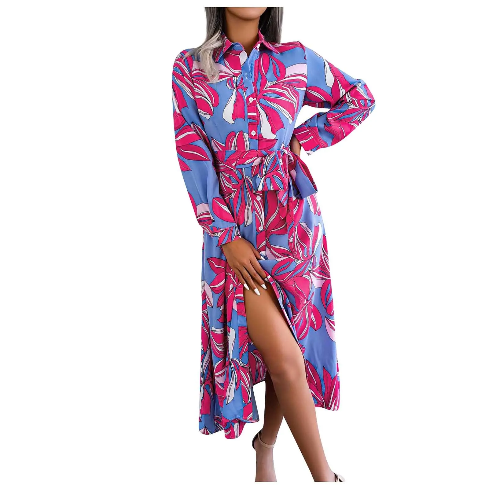 

Women Beach Contrasting Color Long Sleeve Flower Lapel Tie Dress vestidos verano moda 2024 платье женское فستان roupas feminina#