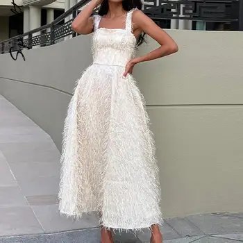 여성용 섹시한 화이트 깃털 백리스 미디 원피스, 슬래시 넥 민소매 하이 웨이스트 슬링 드레스, 우아한 레이디 스트리트 로브, 패션