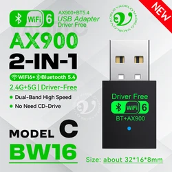High - Speed USB WiFi 6 & Bluetooth 5.4 Adapter - Dual Band Wireless Receiver (AX900 BW16)