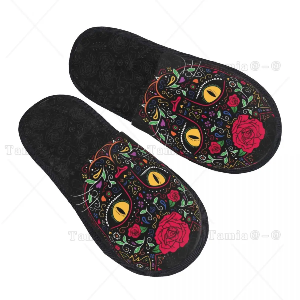 

Day Of The Dead Kitten Cat Sugar Skull House Slippers Cozy Memory Foam Mexican Halloween Floral Slip On Bedroom Slipper Shoes