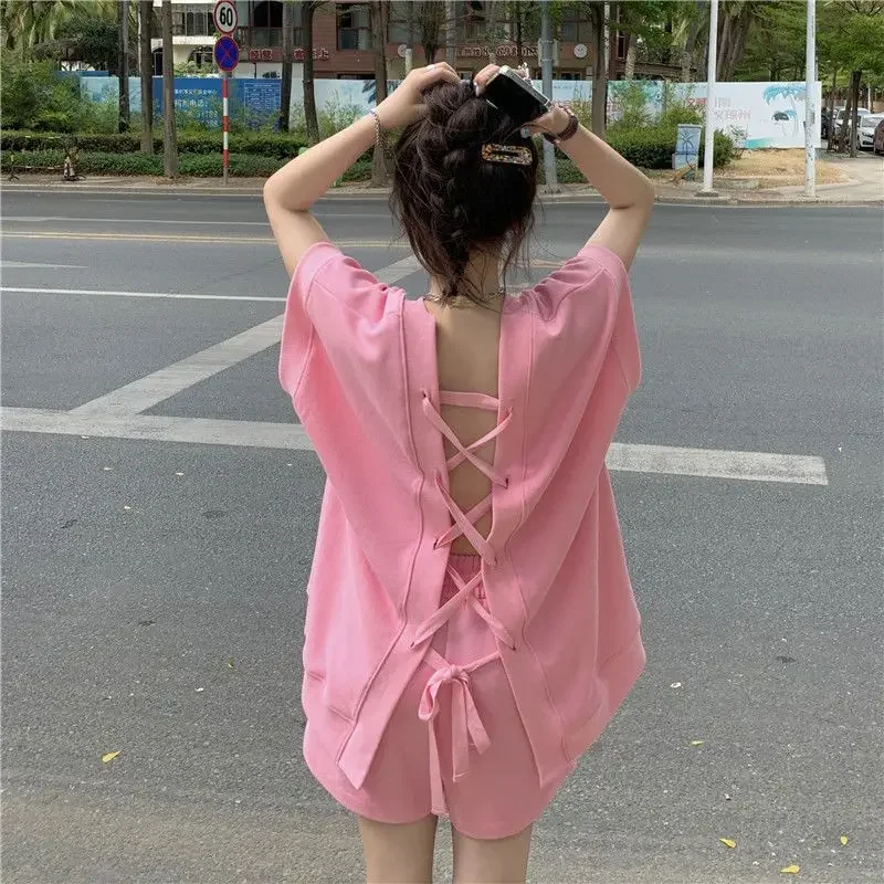 DAYIFUN-Pink Matching Sets for Women V-neck Top and Shorts Back Strap Loose Design Feel Suits Summer Clothing New 2024 2 Pcs Set