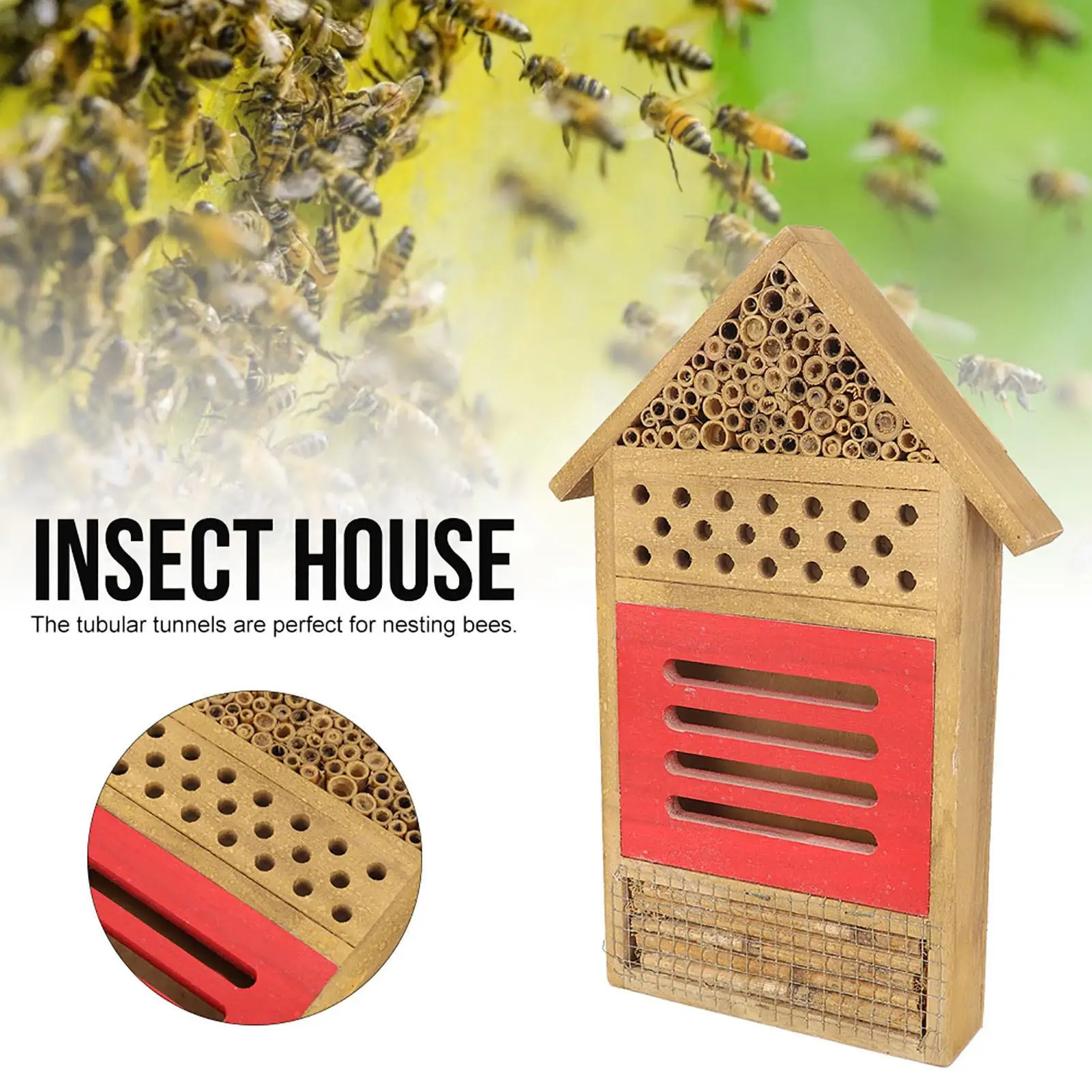 Wooden Bee House-Insect Shelter Hotel for Garden Decoration, Bug Nest Box for Bees & Beneficial Insects