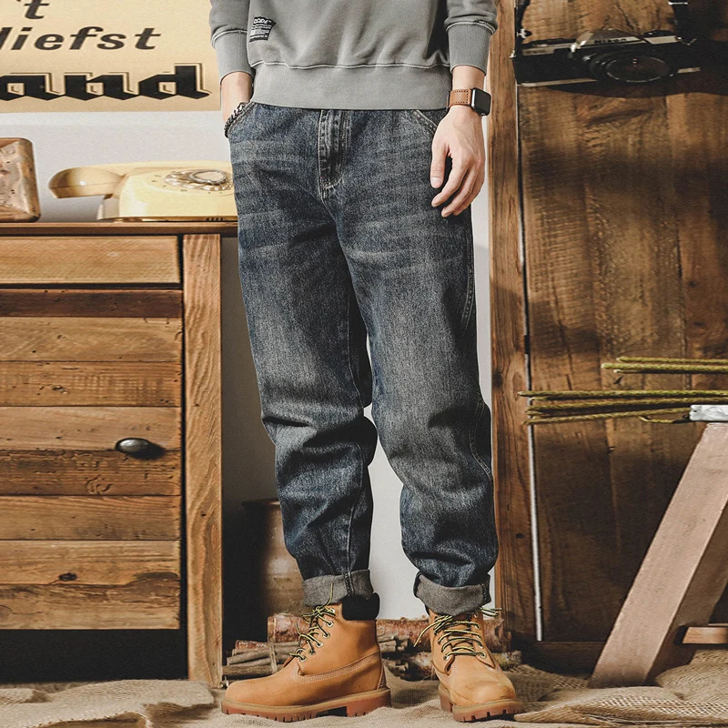 Fashion Streetwear Men Jeans Retro Blue Loose Fit Multi Pockets Casual Denim Cargo Pants Men Overalls Hip Hop Wide Leg Jeans Men