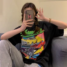 

Retro Letter Printing Short Sleeve T-Shirts For Women Fashion Round Neck Black White All-Match Loose Summer New Tees Female Chic