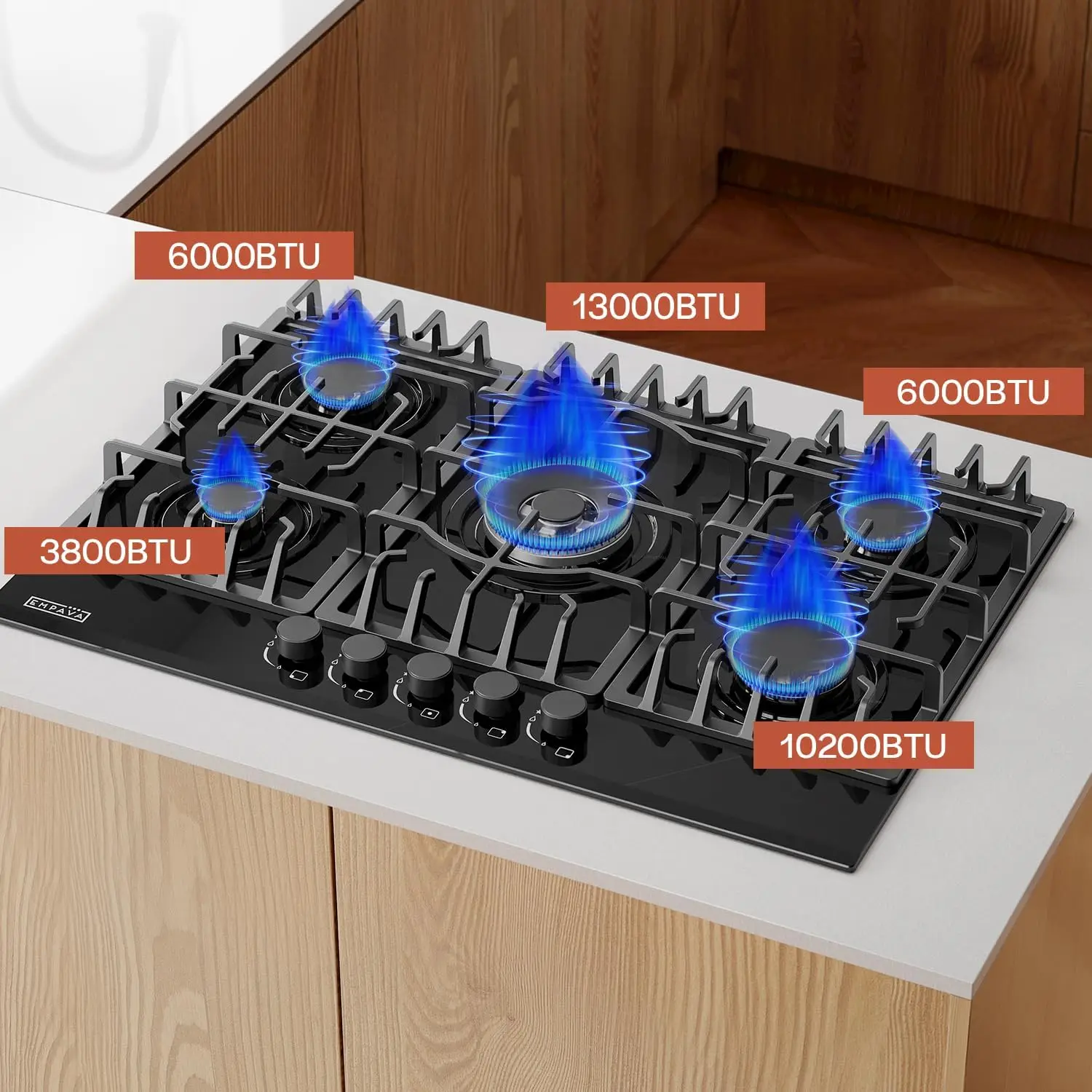 30 in. Gas Stove Cooktop 5 Italy Sabaf Sealed Burners NG/LPG Convertible in Black Tempered Glass, 30 Inch 3