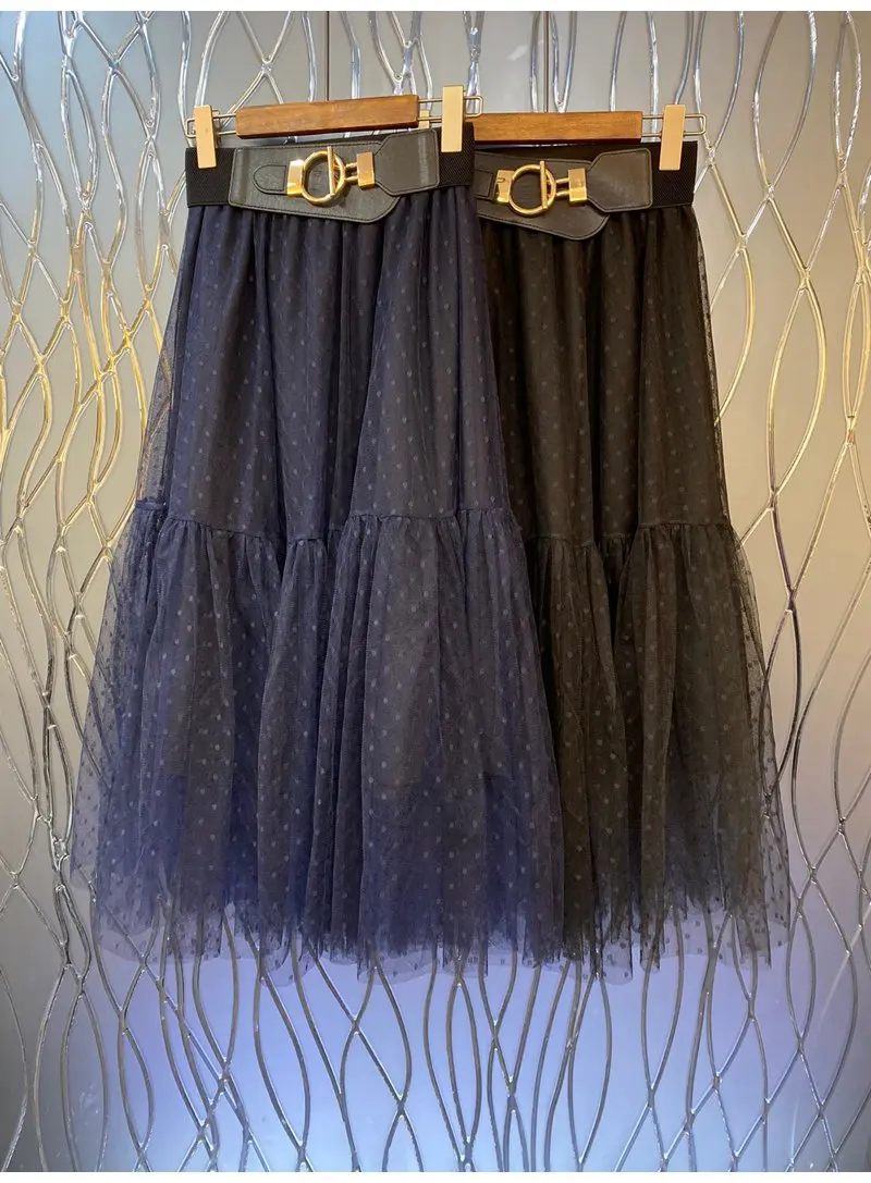 

Ball Gown Party Elegant Skirts 2022 Autumn Winter Style Women Elastic Waist Polka Dot Prints Mid-Calf Dark Blue Black Skirts