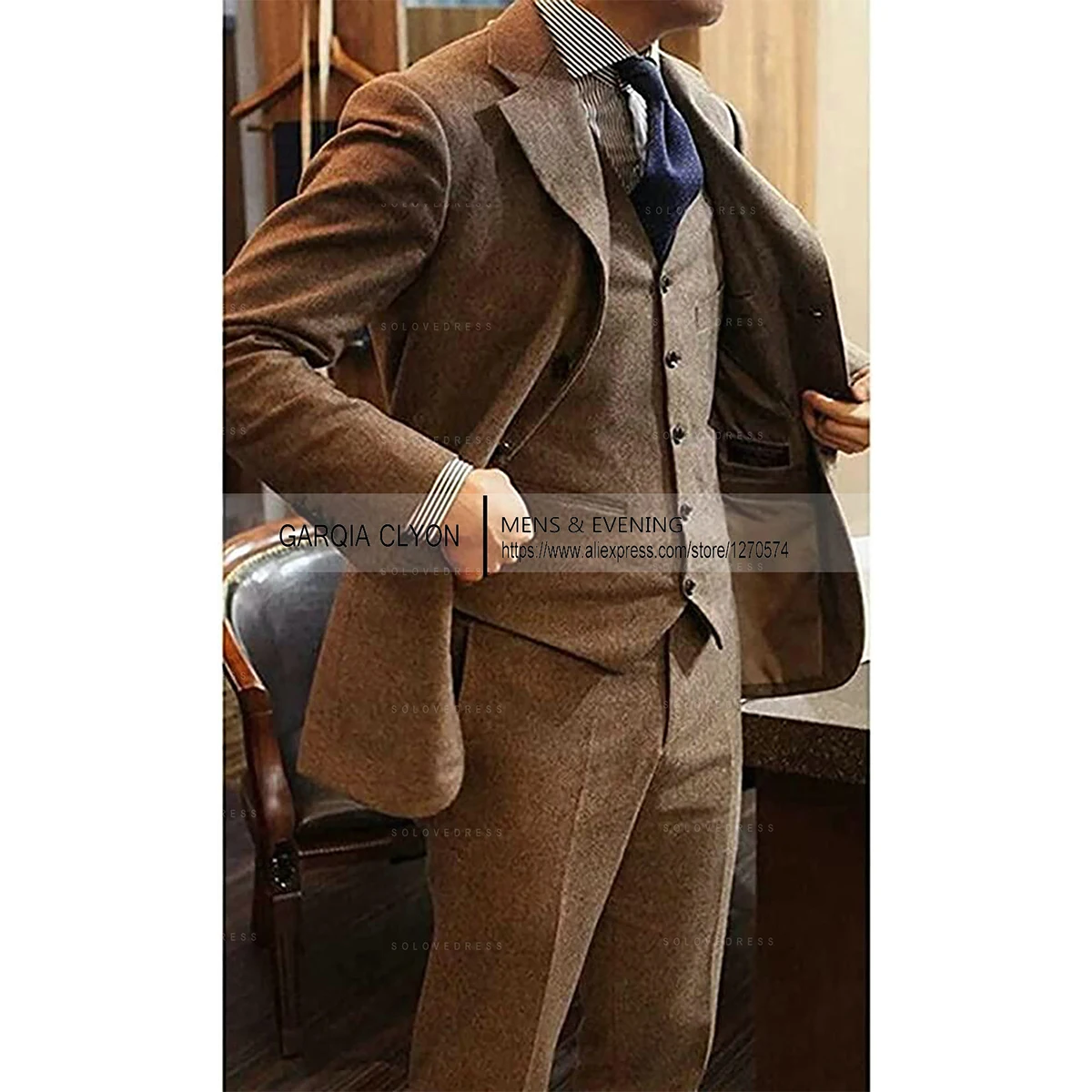 Suit for Men Pieces Tweed Formal Business Set Custom Gentle Groom Wedding Dress Blazer(Jacket+Pants+Vest)2024