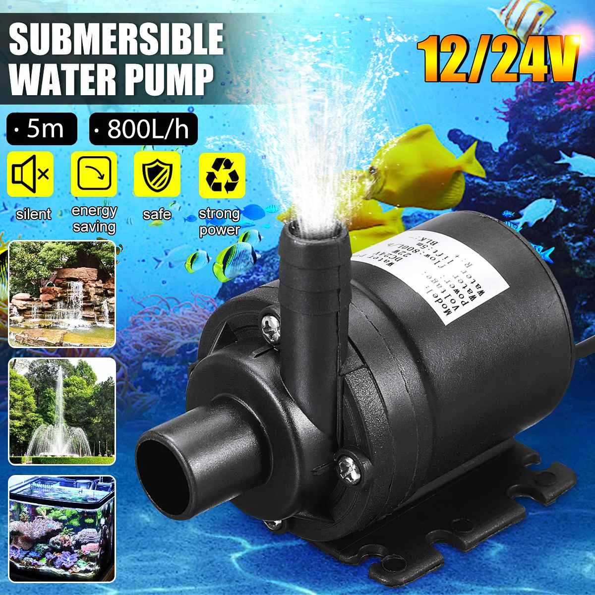 DC 12V/24V Circulation Water Pump 5M 800L/H Submersible Solar Brushless
