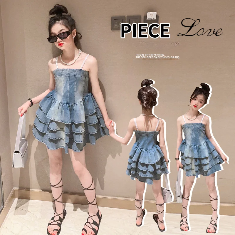 

teenage girls Suspender denim Girls dress 2023 summer new design sense waist fluffy tube top princess cake dresses clothes