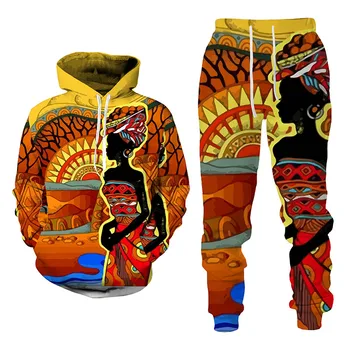 Survêtement africain Dashiki pour hommes et femmes, manches longues, imprimé ethnique tribal trempé, ensembles de sweats à capuche vintage, vêtements de sport et de loisirs 1